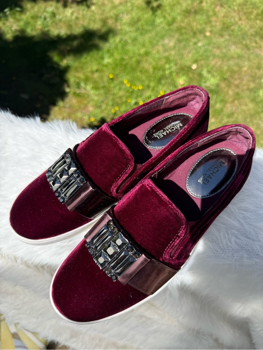 NWoT MICHAEL  Kors Burgundy Velvet Slip-On Sneakers with Jewel Strap Sz 8